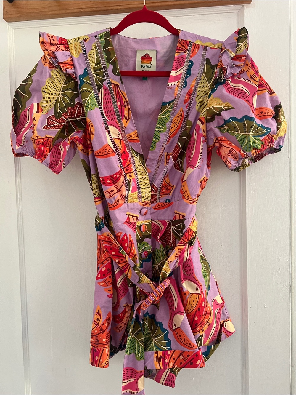 FARM Rio "Beaks and Banana Leaves" Lavender Tropical Print Puff-Sleeve Romper